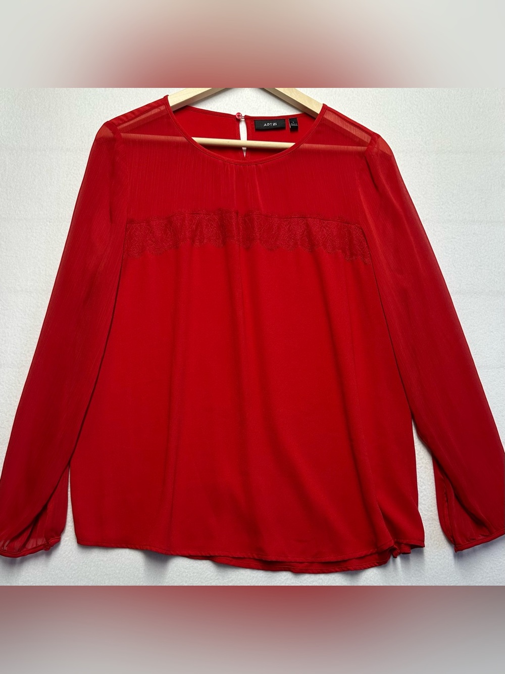 Apt. 9 Women’s Large Red Lace Trim  Yolk Long Sleeve Blouse Romantic